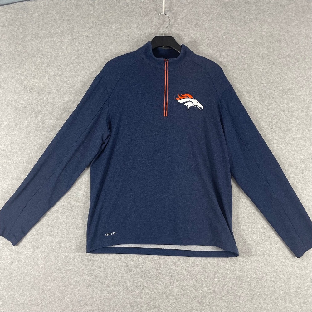 Nike Dri-Fit NFL Mens L Blue Denver Broncos 1/4 Zip Long Sleeve Stretch Pullover
